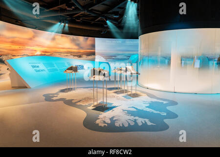 Glacier presentano, Museo Perlan (perla) Reykjavik, Islanda. Foto Stock