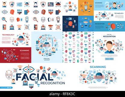 Vettore digitale di riconoscimento facciale set di icone disegnate con linea semplice info di arte grafica, di tipo piatto Illustrazione Vettoriale