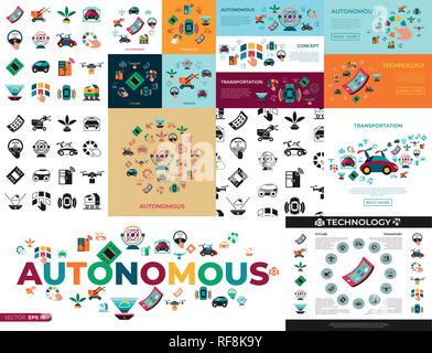 Vettore digitale trasporto autonomo tecnologia set di icone infographics Illustrazione Vettoriale