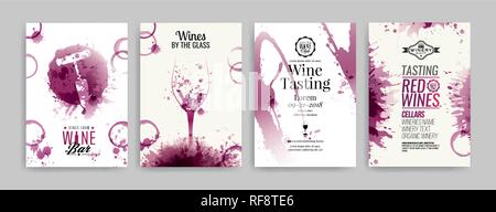 Raccolta di modelli con disegni di vino. Brochure, poster, biglietti di invito, promozione banner, menu. Le macchie di vino sfondo. Illustrazione Vettoriale Illustrazione Vettoriale