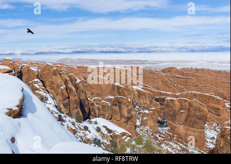 L'inverno è il periodo ideale per visitare Arches National Park nello Utah, quando il parco è meno affollata e vi è una possibilità di neve coperta sarà il paesaggio Foto Stock