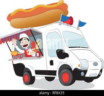 Un vettore cartoon che rappresenta un divertente hot dog van parcheggiato e aprire un cordiale e sorridente uomo serve una grande aromatizzati hot dog Illustrazione Vettoriale