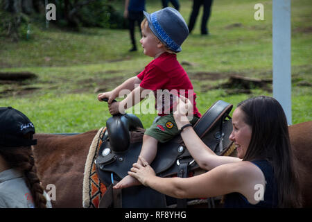 Una bella foto di una bella e felice 2 anni bambino divertirsi a cavallo con la madre al suo fianco. Foto Stock