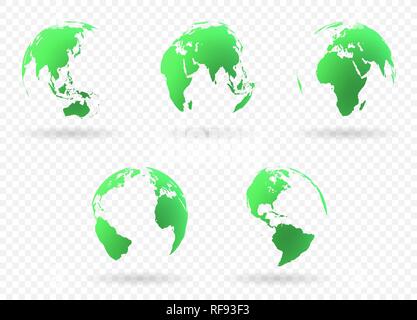 Set di terra icona a forma di globo in diverse viste. Altamente dettagliate immagini dei continenti con parti trasparenti. Illustrazione Vettoriale Illustrazione Vettoriale