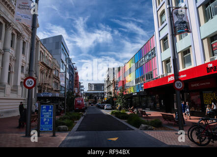 Scene dal coloratissimo Cuba Street nel centro di Wellington, Nuova Zelanda Foto Stock