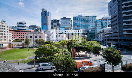 Scene di downtown da lungo il lungomare di Wellington, Nuova Zelanda Foto Stock