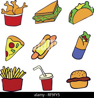 Doodle illustrazione di fast food. Set di cibo spazzatura. Disegnata a mano illustrazione vettoriale realizzata in stile cartoon. Hamburger, hot-dog e patatine fritte, sandwich. Illustrazione Vettoriale