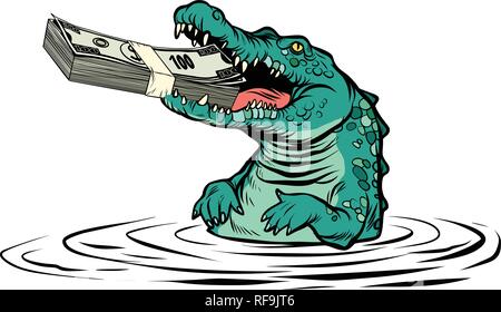 Verde coccodrillo mangia soldi isolare su sfondo bianco Illustrazione Vettoriale