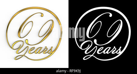 Numero aureo sessantanove anni (numero 69 anni) in un cerchio, vista dall'alto, con canale alfa. 3D illustrazione Foto Stock