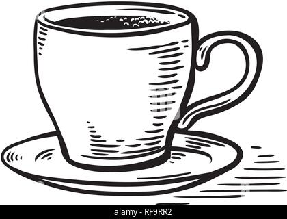 Mano bozzetto in bianco e nero tazza di tè caffè completa illustrazione vettoriale Illustrazione Vettoriale