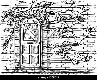 Bozzetto disegnato a mano vecchia arcuata doppia porta di legno in cotto di uve parete intrecciato illustrazione vettoriale Illustrazione Vettoriale