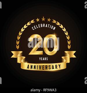 20 anni di anniversario celebrazione logotipo. Golden Anniversary emblema con nastro. Design per opuscoli, depliant, rivista, brochure, poster, web, invita Illustrazione Vettoriale