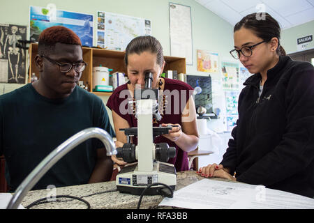 La foto di un insegnante e due studenti internazionali. L'insegnante è istruire gli studenti su utilizzando un microscopio. Foto Stock