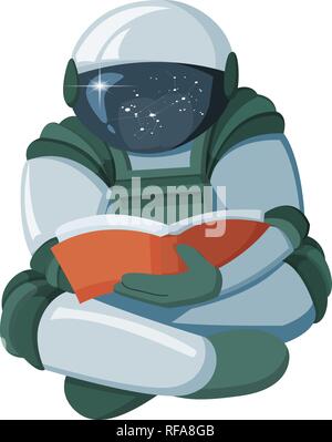 Cartoon astronauta flottante la lettura di un libro in spazio isolato su sfondo bianco Illustrazione Vettoriale