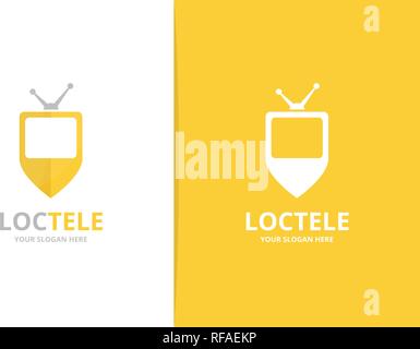 Tv del vettore e il puntatore mappa combinazione di logo. Televisione e localizzatore GPS di simbolo o icona. Supporti unici pin e logotipo di modello di progettazione. Illustrazione Vettoriale