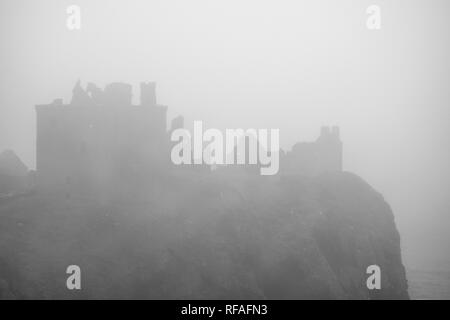 Castello di Dunnottar nella fitta nebbia, rovinato fortezza medievale vicino a Stonehaven sulla scogliera sul mare lungo la costa del Mare del Nord, Aberdeenshire, Scotland, Regno Unito Foto Stock