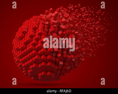 La dissoluzione di sferica blocco dati. realizzata con cubi rossi. 3d stile pixel illustrazione vettoriale. Illustrazione Vettoriale