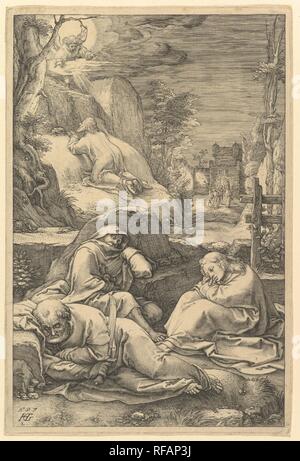 L'agonia nel giardino della Passione di Cristo. Artista: Hendrick Goltzius (Netherlandish, Mühlbracht 1558-1617 Haarlem). Dimensioni: foglio: 8 1/16 x 5 3/8 in. (20,5 x 13,7 cm). Data: 1597. Tra 1596 e 1598 Goltzius inciso questa serie di dodici stampe illustranti la Passione di Cristo. Essi riflettono l'influenza dell'artista Netherlandish Lucas van Leyden, in entrambi i tipi di figura e la vera e propria tecnica di incisione. In contrasto con il suo normale stile grafico che è stato caratterizzato da una linea drammatica che si gonfia e si rastrema intorno alle figure e sfondo, qui Goltzius utilizza il thin Foto Stock