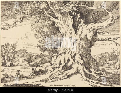 Il riposo, uomini e cani sotto un grande albero. Data: 1802. Medium: pen-e-tusche litografia. Museo: National Gallery of Art di Washington DC. Author: William ALFRED DELAMOTTE. Foto Stock