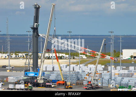 Port Canaveral, Florida. Stati Uniti d'America. Il 24 gennaio 2019. Il più grande gru mobile da porto in America è assemblato sulla banchina a Port Canaveral. Quando è completamente montata la Liebherr LHM 600 gru di proprietà dell'Canaveral Port Authority a gestire pesanti carichi, compresi i componenti dello spazio che arrivano al porto. Utilizzando due gru una gru locale azienda sollevato il braccio massiccia e attaccato alla torre. Quando è completamente assemblato è programmato per entrare in servizio nel secondo trimestre del 2019. Credito foto Julian Porro / Alamy Live News Foto Stock