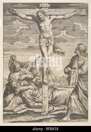 Cristo sulla Croce, San Giovanni a destra guardando verso di lui, a sinistra è il svenimento Vergine Maria supportato da due donne. Artista: Agostino Carracci (italiano, Bologna 1557-1602 Parma); dopo Paolo Veronese (Paolo Caliari) (italiano, Verona 1528-1588 Venezia). Dimensioni: foglio: 12 3/16 x 8 9/16 in. (30,9 × 21,8 cm). Editore: Orazio Bertelli (italiano, attivo Venezia, ca. 1570-92). Data: 1582. Museo: Metropolitan Museum of Art di New York, Stati Uniti d'America. Foto Stock