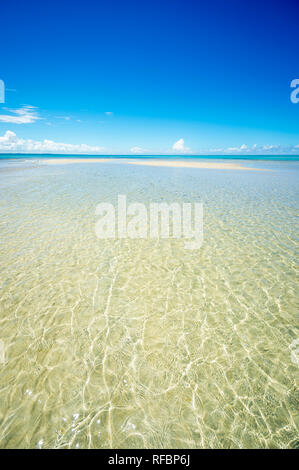 Luminoso vista panoramica di luce del sole tropicale che ondeggia su Golden sands in poco profonde acque tropicali su un vuoto spiaggia brasiliana Foto Stock