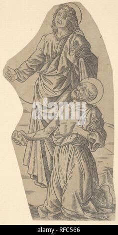 San Giovanni e di San Girolamo (frammento da una Crocifissione). Artista: Francesco Rosselli (Firenze 1448-1508/27 Venezia (?); eventualmente dopo un design da Filippino Lippi (italiano, Prato ca. 1457-1504 Firenze). Dimensioni: foglio: 5 11/16 × 2 7/8 in. (14,5 × 7,3 cm) rifilando circa le figure. Data: ca. 1490s. Museo: Metropolitan Museum of Art di New York, Stati Uniti d'America. Foto Stock