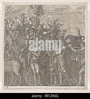 Il foglio 3: i trofei di guerra, dal trionfo di Giulio Cesare. Artista: Dopo Andrea Mantegna (italiano, Isola di Carturo 1430/31-1506 Mantova); Andrea Andreani (Mantova, 1558/1559-1629); intermediario relatore Bernardo Malpizzi (Italiano, 1555-1623). Dimensioni: foglio: 15 15/16 × 15 7/16 in. (40,5 × 39,2 cm) immagine: 14 5/8 × 14 11/16 in. (37,1 × 37,3 cm). Data: 1598-99. Museo: Metropolitan Museum of Art di New York, Stati Uniti d'America. Foto Stock