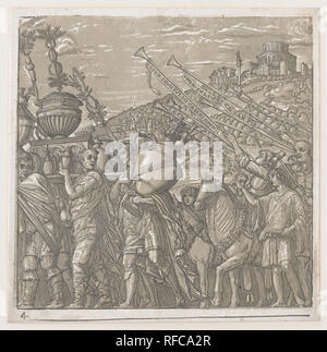 Il foglio 4: Gli uomini che trasportano i trofei a sinistra, trombettieri a stretto, dal trionfo di Giulio Cesare. Artista: Dopo Andrea Mantegna (italiano, Isola di Carturo 1430/31-1506 Mantova); Andrea Andreani (Mantova, 1558/1559-1629); intermediario relatore Bernardo Malpizzi (Italiano, 1555-1623). Dimensioni: foglio: 15 3/4 × 15 9/16 in. (40 × 39,5 cm) immagine: 14 9/16 × 14 11/16 in. (37 × 37,3 cm). Data: 1599. Museo: Metropolitan Museum of Art di New York, Stati Uniti d'America. Foto Stock