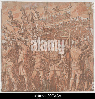 Foglio 1: soldati romani portando bandiere raffiguranti il trionfante vittorie di Giulio Cesare, dal trionfo di Giulio Cesare. Artista: Dopo Andrea Mantegna (italiano, Isola di Carturo 1430/31-1506 Mantova); Andrea Andreani (Mantova, 1558/1559-1629); intermediario relatore Bernardo Malpizzi (Italiano, 1555-1623). Dimensioni: foglio: 14 1/2 × 14 15/16 in. (36,8 × 37,9 cm). Data: 1599. Museo: Metropolitan Museum of Art di New York, Stati Uniti d'America. Foto Stock