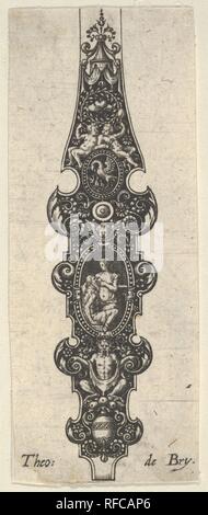 Il design del telecomando con il Cimon e Pero, da Des ciondoli de Cleffs pour les femmes. Artista: Johann Theodor de Bry (Netherlandish, Strasburgo 1561-1623 Bad Schwalbach). Dimensioni: foglio: 3 1/2 x 1 3/8 in. (8,9 × 3,5 cm). Serie/Portfolio: Des ciondoli de Cleffs pour les femmes. Data: 1580-1600. Ornamentali design pendente con pero il Cimon di alimentazione in un ovale al centro. La circostante blackwork contiene un uccello in un ovale di cui sopra, un satiro accovacciato su un vaso al di sotto e una tettoia in alto. Da una serie di cinque piastre. Museo: Metropolitan Museum of Art di New York, Stati Uniti d'America. Foto Stock