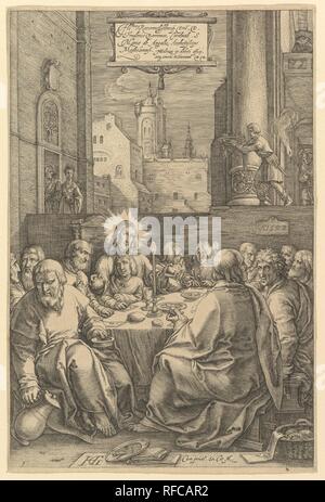 L'Ultima Cena, dalla passione di Cristo. Artista: Hendrick Goltzius (Netherlandish, Mühlbracht 1558-1617 Haarlem). Dimensioni: foglio: 7 7/8 x 5 1/4 in. (20 x 13,3 cm). Data: 1598. Tra 1596 e 1598 Goltzius inciso questa serie di dodici stampe illustranti la Passione di Cristo. Essi riflettono l'influenza dell'artista Netherlandish Lucas van Leyden, in entrambi i tipi di figura e la vera e propria tecnica di incisione. In contrasto con il suo normale stile grafico che è stato caratterizzato da una linea drammatica che si gonfia e si rastrema intorno alle figure e sfondo, qui Goltzius utilizza sottili linee anche Foto Stock