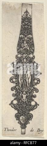 Design pendente con Adam e vigilia da Des ciondoli de Cleffs pour les femmes. Artista: Johann Theodor de Bry (Netherlandish, Strasburgo 1561-1623 Bad Schwalbach). Dimensioni: foglio: 3 5/8 x 1 1/8 in. (9,2 × 2,9 cm). Serie/Portfolio: Des ciondoli de Cleffs pour les femmes. Data: 1580-1600. Ornamentali design pendente con Adamo ed Eva con uno scheletro in un ovale al centro e un putto giocando il tamburello in un cerchio di cui sopra. Da una serie di cinque piastre. Museo: Metropolitan Museum of Art di New York, Stati Uniti d'America. Foto Stock