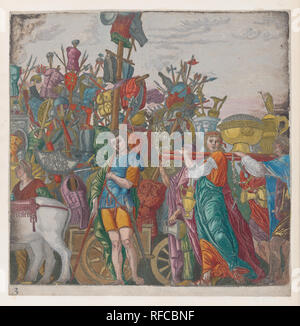 Il foglio 3: i trofei di guerra, dal trionfo di Giulio Cesare. Artista: Dopo Andrea Mantegna (italiano, Isola di Carturo 1430/31-1506 Mantova); Andrea Andreani (Mantova, 1558/1559-1629); intermediario relatore Bernardo Malpizzi (Italiano, 1555-1623). Dimensioni: foglio: 14 15/16 × 14 13/16 in. (38 × 37,6 cm). Serie/Portafoglio: Il Trionfo di Giulio Cesare. Data: 1599. Museo: Metropolitan Museum of Art di New York, Stati Uniti d'America. Foto Stock