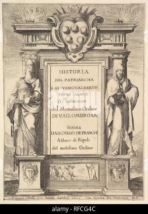 Frontespizio: un monumento decorato con lo stemma della famiglia de' Medici in alto al centro, fiamme in alto su entrambi i lati, una figura con cappuccio sul lato destro del monumento con una donnola qui di seguito è riportata una figura a sinistra che indossa una corona papale, una scena di un monaco la cacciata dei demoni con una croce sulla base del monumento, da 'Frontespizio e quattro scene della vita di San Giovanni Gualberto' (Frontispice et quatre vignette pour une vie de Saint Jean Gualberto). Artista: Stefano della Bella (Italiano, 1610-1664 Firenze Firenze). Dimensioni: foglio: 7 5/8 x 5 7/16 in. (19,4 x 13,8 cm) Montaggio: 8 1/8 x 6 in. (20,7 x 15,3 cm). S Foto Stock