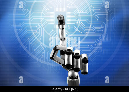 Close-up di una mano robotica toccando digitale della scheda di circuito Foto Stock