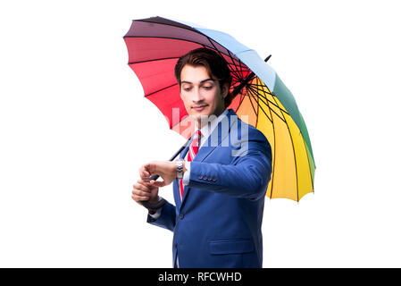 Imprenditore Elegante azienda ombrello isolato su bianco Foto Stock