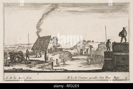 Piastra 4: un accampamento militare con un soldato in piedi su un parapetto a destra battendo un tamburo, da 'diversi interventi militari capricci' (Varii capricci militari). Artista: Stefano della Bella (Italiano, 1610-1664 Firenze Firenze). Dimensioni: Foglio (rifilato alla piastra): 3 7/16 x 5 9/16 in. (8,8 x 14,2 cm). Editore: Pierre Mariette le fils (francese, Parigi Parigi 1634-1716). Serie/Portfolio: "Vari militari di capricci' (Varii capricci militari). Data: ca. 1641. Museo: Metropolitan Museum of Art di New York, Stati Uniti d'America. Foto Stock
