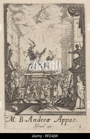 Il martirio di sant'Andrea, dalla serie 'i piccoli apostoli" (Les petits apôtres). Artista: Jacques Callot (francese, Nancy 1592-1635 Nancy). Dimensioni: foglio: 4 5/16 x 3 3/8 in. (11 x 8,6 cm) Piastra: 2 3/4 x 1 13/16 in. (7 x 4,6 cm). Editore: Israël Henriet (francese, Nancy ca. 1590-1661 Paris). Serie/Portfolio: i piccoli apostoli (Les petits apôtres). Data: ca. 1632. Museo: Metropolitan Museum of Art di New York, Stati Uniti d'America. Foto Stock