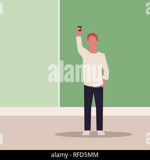 Giovane uomo prendendo selfie per instagram o social media, tenendo la fotocamera in mano. Illustrazione Vettoriale - Vector Illustrazione Vettoriale