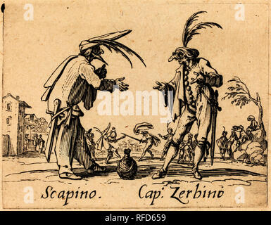 Scapino e tappo. Zerbino. Data: c. 1622. Medio: l'attacco. Museo: National Gallery of Art di Washington DC. Autore: Jacques Callot. Foto Stock