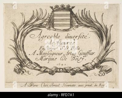 La piastra 1: due palme e uno stemma il telaio il titolo e la dedizione, titolo pagina per 'varie figure" (Agréable diversité de figure). Artista: Stefano della Bella (Italiano, 1610-1664 Firenze Firenze). Dimensioni: foglio: 3 1/16 x 4 1/8 in. (7,8 x 10,5 cm). Editore: Israël Henriet (francese, Nancy ca. 1590-1661 Paris). Serie/Portfolio: 'varie figure" (Agréable diversité de figure). Data: 1642. Museo: Metropolitan Museum of Art di New York, Stati Uniti d'America. Foto Stock
