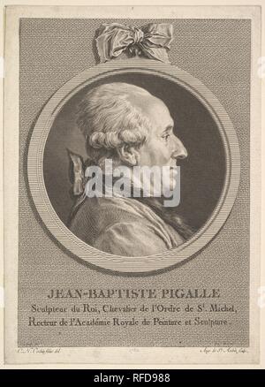 Ritratto di Jean-Baptiste Pigalle. Artista: Dopo Charles Nicolas Cochin II (francese, Parigi Parigi 1715-1790); Augustin de Saint-Aubin (francese, Parigi Parigi 1736-1807). Dimensioni: foglio: 7 11/16 x 5 1/2 in. (19,5 × 14 cm). Data: 1782. Museo: Metropolitan Museum of Art di New York, Stati Uniti d'America. Foto Stock