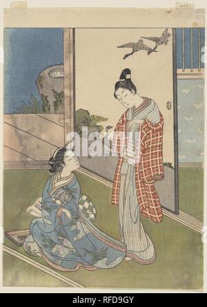 Una ragazza di scrivere una lettera. Artista: Suzuki Harunobu (giapponese, 1725-1770). Cultura: il Giappone. Dimensioni: H. 11 1/2 in. (29,2 cm); W. 8 1/4 in. (21 cm). Data: XVIII secolo. Il sedere giovane donna ha scritto quello che è probabilmente una lettera d'amore, ma lei tenta di nascondere l'uomo da chi ha appena immesso. Il dipinto sullo schermo a scorrimento dietro le cifre fornisce Harunobu con l opportunità di approfondire il tema della lettera scritta da allude a un episodio classico da antica storia Cinese. Su Wu (J.: Sobu), un generale cinese del periodo Han (206 A.C.-A.D. 220), è stata catturata da inva Foto Stock