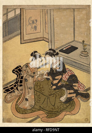 Gatto in culla. Artista: Suzuki Harunobu (giapponese, 1725-1770). Cultura: il Giappone. Dimensioni: H. 11 a. (27,9 cm); W. 8 1/8 in. (20,6 cm). Data: ca. 1765. Museo: Metropolitan Museum of Art di New York, Stati Uniti d'America. Foto Stock