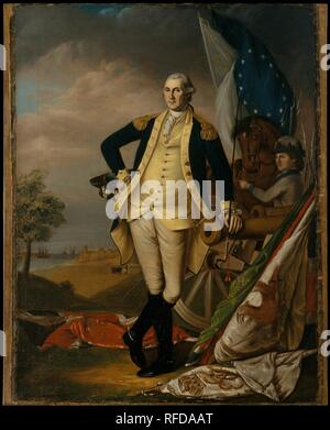 George Washington. Artista: James Peale (American, Chestertown, Maryland 1749-1831 Philadelphia, Pennsylvania). Dimensioni: 36 x 27 in. (91,4 x 68,6 cm). Data: ca. 1782. James ha aiutato il suo fratello più anziano Charles Willson Peale effettuare repliche del suo famoso ritratto a figura intera di Washington, commissionato nel 1779 dallo Stato della Pennsylvania. (Una versione di Charles' Washington ritratto, 97.33, è anche nel tem della collezione.) Il colore brillante e pulire i contorni di questa versione di piccole dimensioni sono caratteristici di James stile. Dopo la colazione continentale forze, assistita dal francese, aveva trionfato il brit Foto Stock