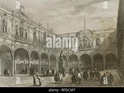 Reino Unido. Inglaterra. Londres. Royal Exchange (Bolsa de Comercio). Destruida por el incendio del 10 de enero de 1838. Il patio del antiguo edificio. Comerciantes negociando. Grabado por Giovanni Bosco (fl.1835-1855) a partir de onu estudio del arquitecto Robert Garland. "Di Londra e dintorni", h. 1840 (Londres y sus Alrededores). Biblioteca Histórico Militar de Barcelona, Cataluña, España. Foto Stock