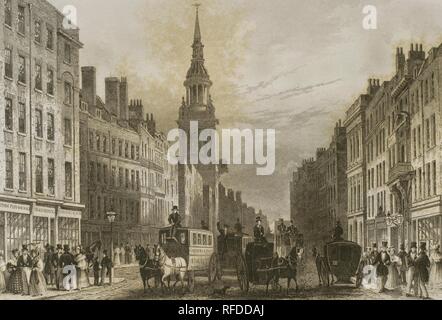 Reino Unido. Inglaterra. Londres. Calle de Cheapside e Iglesia de San Mary-Le-Bow (Bow chiesa). Vista en dirección al oeste desde pollame a lo largo de Cheapside hacia la chiesa di prua. Aparecen las tiendas de Pemm (James Pimm, el inventore del coctel de Pimm's), George Schoobridge, el sastre, y Richard Book & Figlio, los orfebres en los números 3, 2 y 1 POLLAME, aparecen en el margen izquierdo. Grabado por William Edward Albutt (fl. 1836-1863) de n.a. composición por originale Thomas Hosmer Shepherd. "Di Londra e i suoi dintorni' h. 1840 (Londres y sus Alrededores). Biblioteca Histórico Militar de Barcelona, Foto Stock