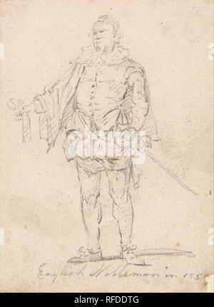 La figura uno studio del costume: Inglese nobile. Data/Periodo: Tra il 1793 e il 1795. Soggetto di genere. Grafite su media, leggermente strutturata, beige, carta intessuta. Altezza: 108 mm (4.25 in); larghezza: 83 mm (3.26 in). Autore: Thomas Girtin. Foto Stock