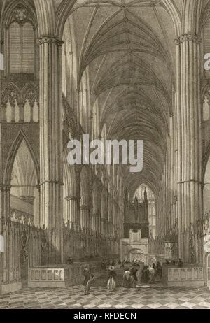 Reino Unido. Inglaterra. Londres. Abadïa de Westminster. Vista interna del desde el altare. Grabado por Giovanni Bosco a partir de onu croquis de Robert Garland, preparado para su publicación por el paisajista John Francis Salmone (1808-1886). "Di Londra e dintorni", h. 1840 (Londres y sus Alrededores). Biblioteca Histórico Militar de Barcelona, Cataluña, España. Foto Stock